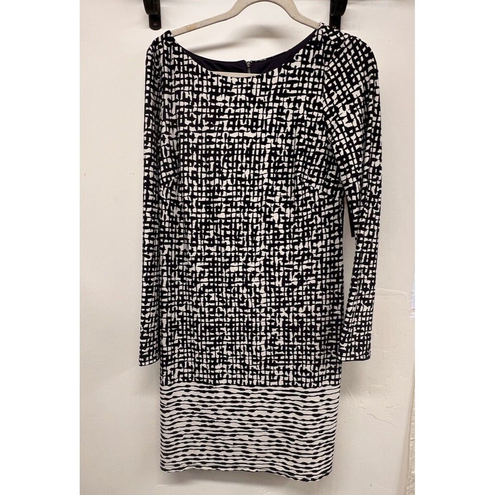 Vince Camuto Navy White Print Shift Dress Size 10 NWT Long Sleeve Office Work